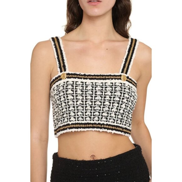 NEW GUCCI Women’s BLACK WHITE GOLD BUTTONS CROCHET-KNIT COTTON SILK Top size L